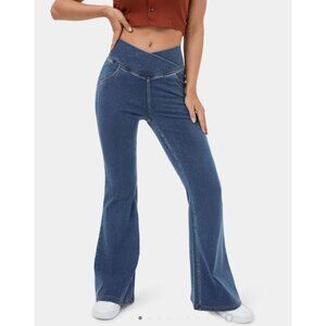 Halara Magic Denim High Waisted Crossover Flare Jeans Sz Medium Tall Back Pocket